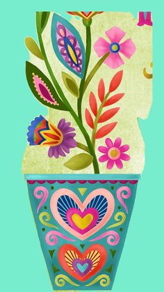 a colorful vase filled with lots of flowers on top of a blue background and the shape of a heart