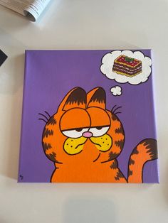 a painting of a cat with a thought bubble above it's head and cake in the background