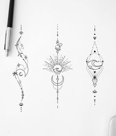 three different designs on a white surface next to a pen