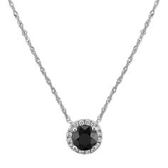 Black Sapphire and Diamond Halo Necklace (18 in) | Shane Co. Black Prom Necklace, Black Diamond Necklace Elegant, Black Diamond Jewelry Necklaces, Black Gem Jewelry, Black Diamond Necklace With Round Diamond Accents, Black Diamond Necklace With Accents, Round Shape, Black Diamond Necklace With Diamond Accents, Black Diamond Necklace With Accents, Black Necklace Elegant