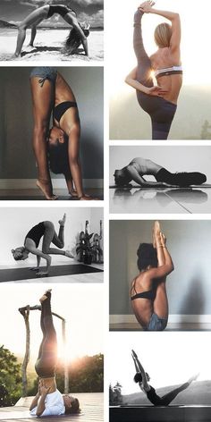 several different pictures of women doing yoga poses