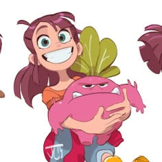 an animated girl holding a pink monster with green leaves on it's back and smiling at the camera