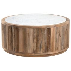 a round wooden table with white marble top and wood slats on the bottom, in front of a white background