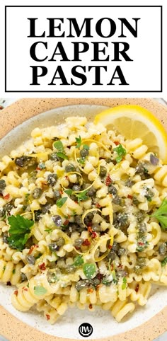 lemon caper pasta with pesto, olives and parsley