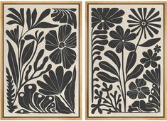 two black and white paintings with flowers on them