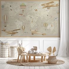 Papier peint enfant carte du monde aviateur - papier peint sur mesure francais - muralconcept World Map Mural, Kindergarten Wallpaper, Map Wall Mural, Kids World Map, Airplane Wallpaper, Map Murals, Maps For Kids, World Map Wallpaper