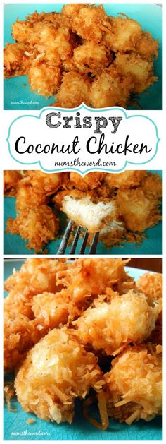 crispy coconut chicken on a blue plate with a fork in the foreground and another image above