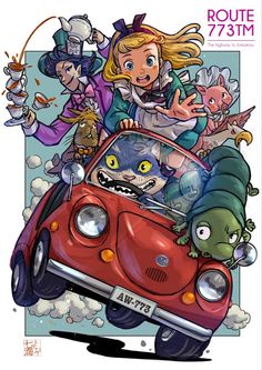 an image of a cartoon character riding in a car with many other characters on it