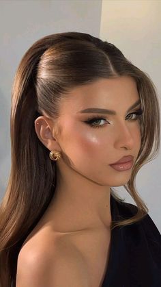 Half Up Half Down Glam Hair, Long Black Dress Hairstyles, Casino Night Hairstyles, Slick Back Hollywood Waves, Elegant Shoulder Length Hairstyles, Grad Hair Styles, Hairstyle For One Shoulder Dress Formal, Hair Inspo Wedding Guest, Side Hairstyles Wedding Medium Length