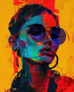 an abstract painting of a woman with sunglasses and piercings on her head, in front of a yellow background