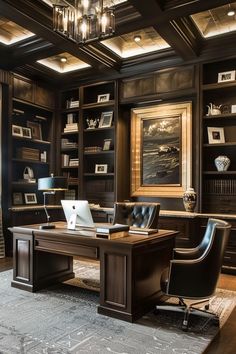 a home office with built in bookcases and a laptop computer on the desk