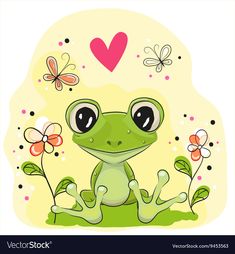 a green frog sitting on the ground with flowers and butterflies around it's legs