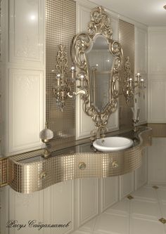 a fancy bathroom with gold accents and mirrors on the wall, along with a white sink