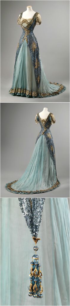 Gala dress, dated between 1905 and 1910, at the National Museum of Art, Architecture and Design. See: http://digitaltmuseum.no/things/gallakjole/NMK-D/OK-1962-0012?query=gallakjole&search_context=1&page=1&count=55&pos=16 Edwardian Dress, Antique Dress, Edwardian Fashion, Moda Vintage, Look Vintage, Gorgeous Gowns