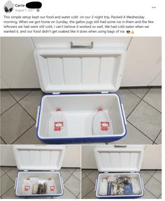 two pictures of an open white and blue cooler