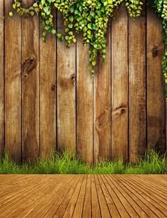 an image of a wooden floor with plants growing on it's sides and grass growing over the top