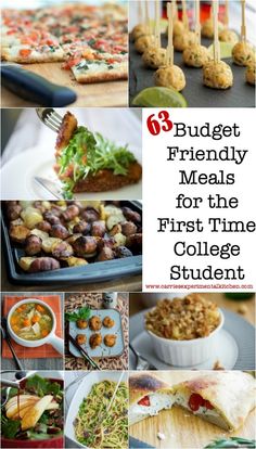 a collage of images with the words budget friendly meals for the first time college student