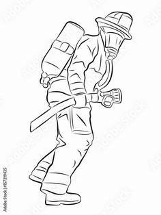 black and white line drawing of a fireman with a hose, helmet and gloves