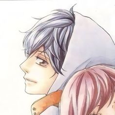 two anime characters one with pink hair and the other with grey hair, are facing each other