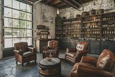 a living room filled with furniture and lots of bottles