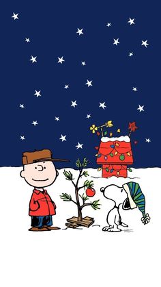 a charlie brown christmas card with a tree and a man in the snow next to it