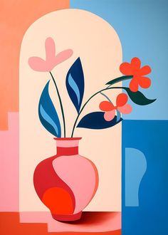 an abstract painting with flowers in a vase