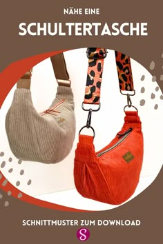 two purses hanging from hooks in front of a white background with an orange circle