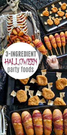 halloween party food is arranged on trays with the words 3 ingredient halloween party foods