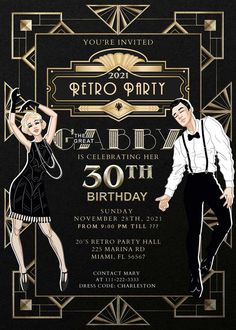 a black and gold art deco birthday party with an image of two people in the background