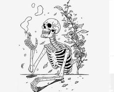 a drawing of a skeleton sitting on the ground next to a potted plant with flowers