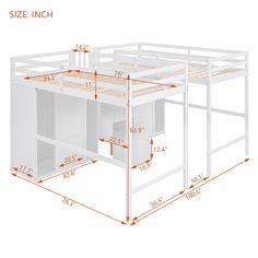 an image of a white loft bed with desk and storage space measurements for the top