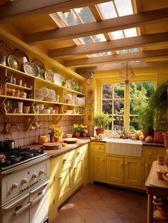 a kitchen filled with lots of yellow cupboards and counter top next to a window