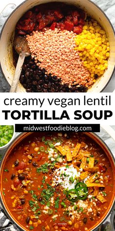 a bowl filled with tortilla soup and topped with sour cream, corn, black beans