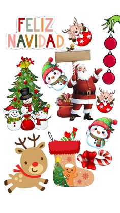 a christmas scene with santa claus, reindeers and other holiday items in spanish language