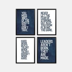 four framed posters with the words leaders aren't they are made