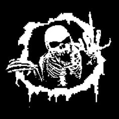 a black and white image of a skeleton holding a knife in it's hand