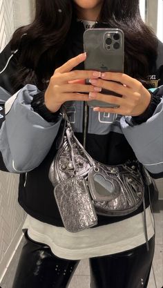 Chrome Purse, Balenciaga Bag Outfit, Chrome Cross, Punk Bag, Purse Outfit, Bag Y2k, Purses For Women, Women Shoulder Bag