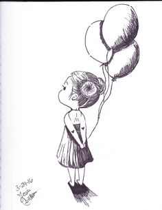 a drawing of a girl holding two balloons