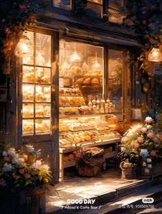 an image of a bakery window that is lit up at night with flowers in the foreground