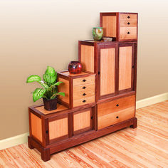 a wooden cabinet with drawers and a potted plant on top