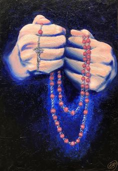 a painting of a hand holding a rosary