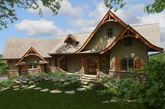 this is an artist's rendering of a house in the country style with stone and wood accents