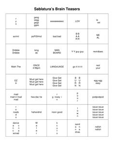 a table with numbers and symbols for the different types of brainteazers on it