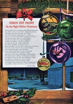 an advertisement for ford's out front on the night before christmas, with ornaments hanging