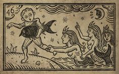 an old book with some drawings on the cover and writing in black ink, depicting two mermaid