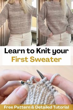 a woman is knitting with the text learn to knit your first sweater