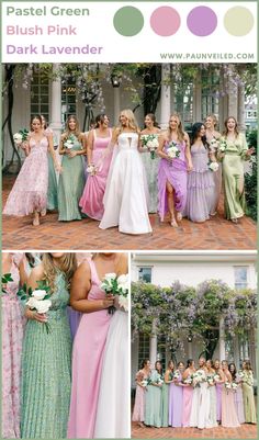 the bride and her bridal party in pastel green, pink and lilac