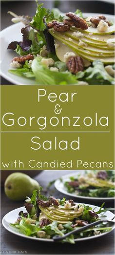 pear and gorgonzoloa salad with candied pecans on a plate