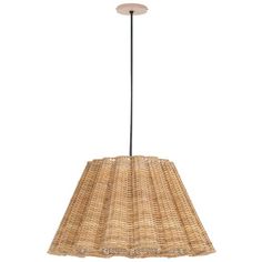 a light fixture made out of woven material with a black cord hanging from the ceiling