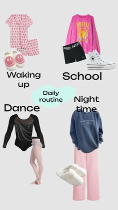 various types of clothes and shoes with the words waking up school daily routine night time